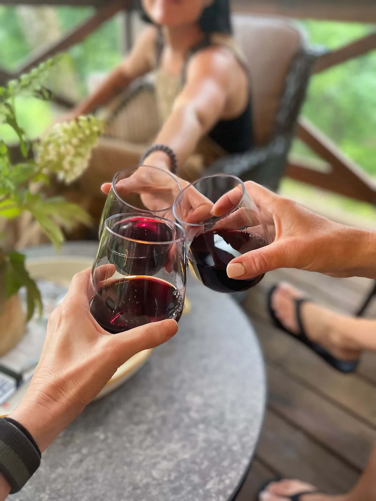 A close-up scene of two hands reaching out for a toast with glasses of red wine, set against a blurred figure in the background. The mood is joyful and intimate, emphasizing celebration, shared experiences, and memorable moments.