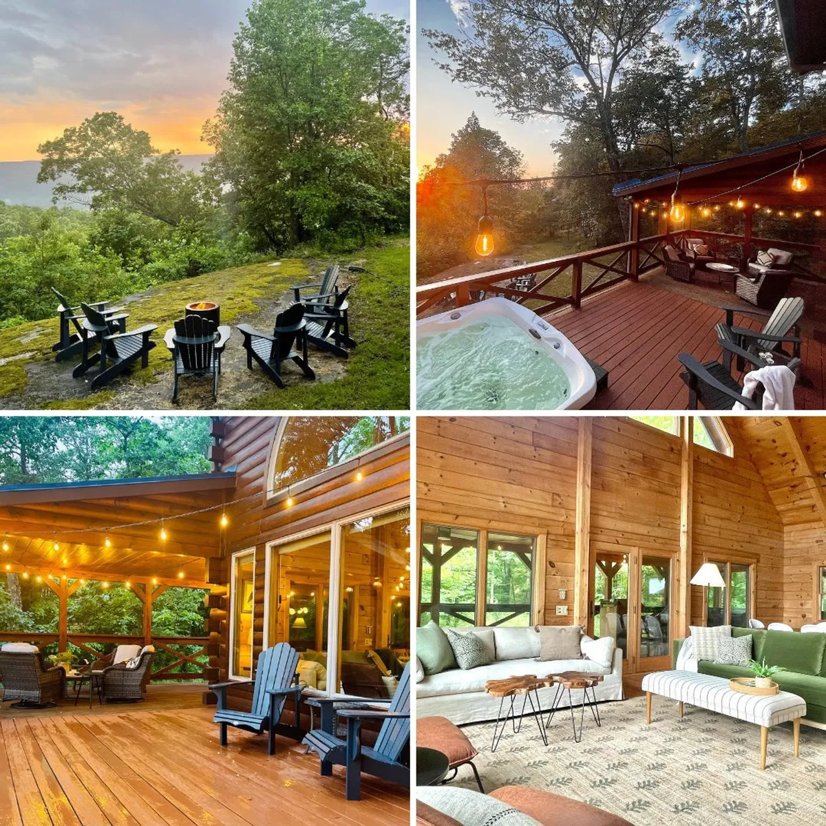 The image shows a cozy wooden deck of Mossy Falls Cabin overlooking rolling Tennessee hills at sunset. Visible are a crackling fire pit surrounded by plush seating, a bubbling hot tub, and expansive windows that hint at the inviting interiors. The space is set up for outdoor gatherings, relaxing soaks, and enjoying breathtaking views in tranquil seclusion.